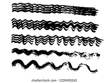 Grunge waves vector dry brush strokes set. Isolated on white background. Hand drawn collection