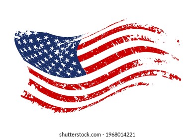 Grunge waving American flag isolated on white background. Scretched USA national symbol. Vector design element