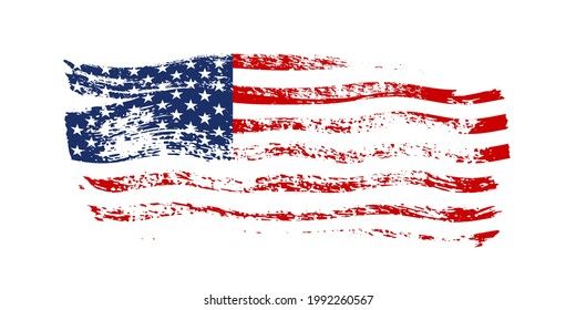 Grunge waving American flag isolated on white background. Scratched USA national symbol. Vector design element