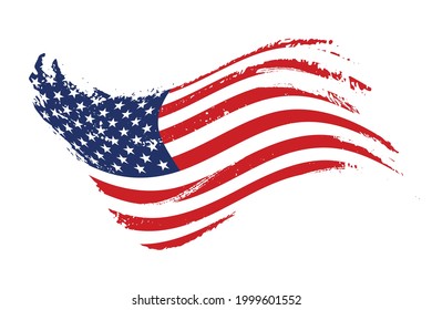 Grunge waving American flag isolated on white background. Scratched USA national symbol. Vector design element