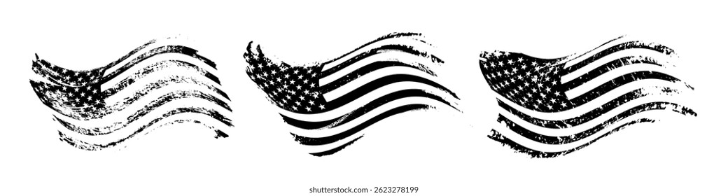 Grunge waving American flags set isolated on transparent background. Collection of vintage USA national symbols in white-black colors. Vector design elements.