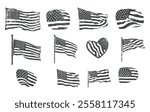 Grunge waving usa flag vectors, Grunge waving usa flag silhouette, Grunge flag silhouettes, Vintage american flag vectors