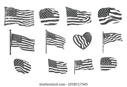 Grunge waving usa flag vectors, Grunge waving usa flag silhouette, Grunge flag silhouettes, Vintage american flag vectors