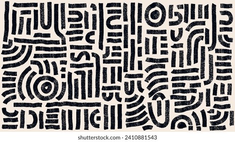 Patrón de trazo del pincel de tejido ondulado. Textura de mimbre vectorial negro. Impresión geométrica simple. Ornamento geométrico dibujado a mano. Bandas entrelazadas, líneas negrita. Textura angustiada de alta calidad de tejido