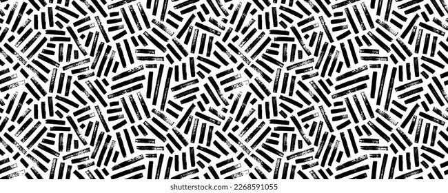 Grunge weave seamless pattern. Black and white vector wicker texture. Geometric simple print. Abstract geometric ornament. Interlacing bands, bold lines. Distressed texture of weaving fabric.