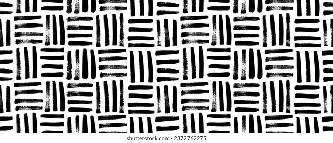 Grunge weave seamless pattern with brush strokes. Striped basket texture. Hand drawn dry brush texture. Bold dashes and thick lines. Abstract geometric seamless pattern. Textile background.