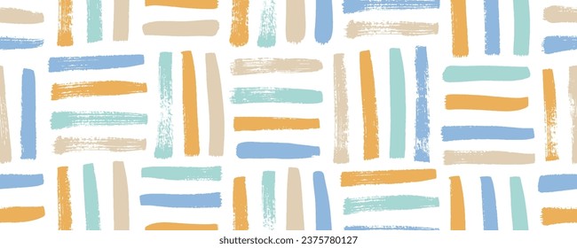 Grunge weave seamless pattern with brush strokes. Patel colored striped basket texture. Hand drawn dry brush texture. Bold dashes and thick lines. Abstract geometric seamless pattern.