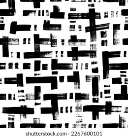 Grunge weave seamless pattern with horizontal and vertical bold lines and dashes. Black and white vector wicker texture. Distressed texture of weaving fabric with bold brush strokes.