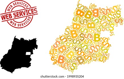 Grunge Web Services seal, and currency collage map of Goias State. Red round stamp seal has Web Services text inside circle. Map of Goias State collage is done from money, dollar, BTC god elements.