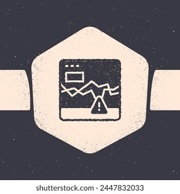 Grunge Website with failure stocks market icon isolated on grey background. Monitor with stock charts arrow on screen. Monochrome vintage drawing. Vector