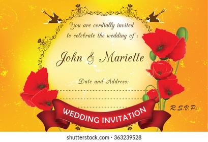 Grunge Wedding invitation with poppies and swallows. Print colors used. All separated layers. Size of a custom printable greeting card.