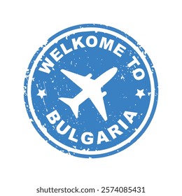 Grunge welcome to Bulgaria with airplane icon round rubber seal stamp on white background.