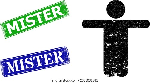 Grunge welcome man icon and rectangle rubber Mister seal stamp. Vector green Mister and blue Mister seals with distress rubber texture, designed for welcome man illustration.