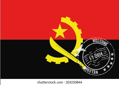 Grunge welcome rubber stamp with date on the flag of Angola