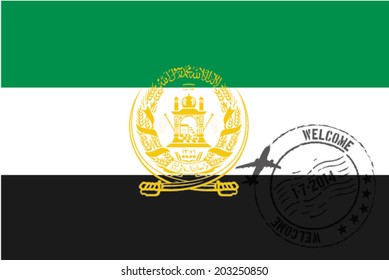 Grunge welcome rubber stamp with date on the flag of Afghanistan