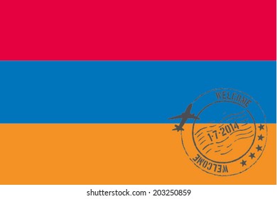 Grunge welcome rubber stamp with date on the flag of Armenia