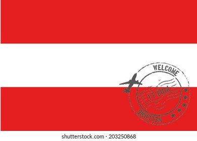 Grunge welcome rubber stamp with date on the flag of Austria