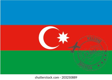 Grunge welcome rubber stamp with date on the flag of Azerbaijan