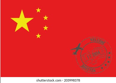 Grunge welcome rubber stamp with date on the flag of China