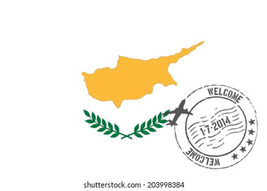 Grunge welcome rubber stamp with date on the flag of Cyprus