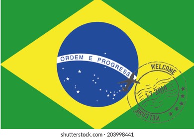 Grunge welcome rubber stamp with date on the flag of Brazil