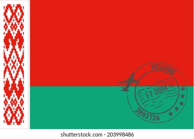 Grunge welcome rubber stamp with date on the flag of Belarus