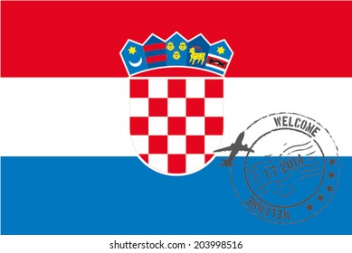 Grunge welcome rubber stamp with date on the flag of Croatia