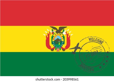 Grunge welcome rubber stamp with date on the flag of Bolivia