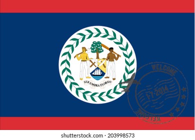 Grunge welcome rubber stamp with date on the flag of Belize