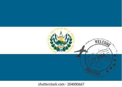 Grunge welcome rubber stamp with date on the flag of El Salvador