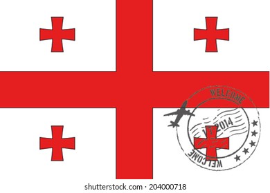 Grunge welcome rubber stamp with date on the flag of Georgia