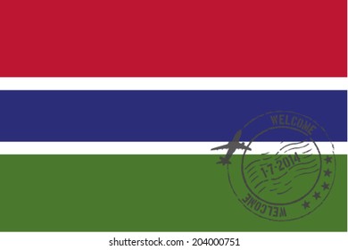 Grunge welcome rubber stamp with date on the flag of Gambia