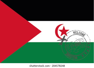 Grunge welcome rubber stamp with date on the flag of Western Sahara