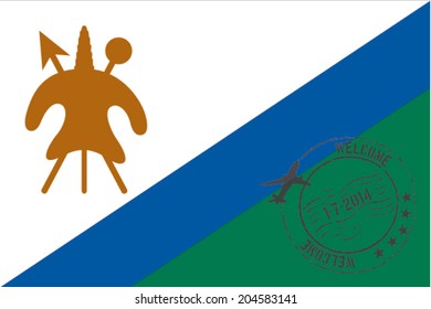 Grunge welcome rubber stamp with date on the flag of Lesotho