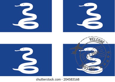 Grunge welcome rubber stamp with date on the flag of Martinique