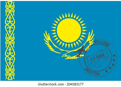 Grunge welcome rubber stamp with date on the flag of Kazakhstan