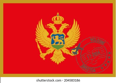 Grunge welcome rubber stamp with date on the flag of Montenegro