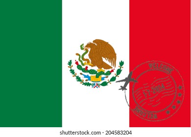 Grunge welcome rubber stamp with date on the flag of Mexico