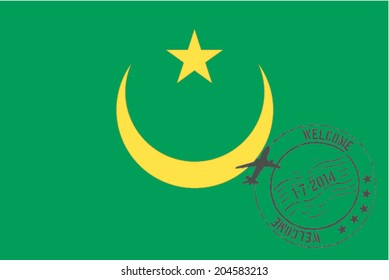 Grunge welcome rubber stamp with date on the flag of Mauritania