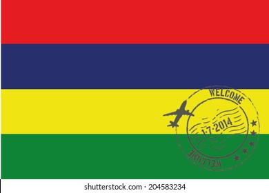 Grunge welcome rubber stamp with date on the flag of Mauritius