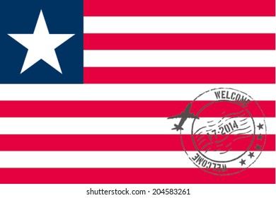Grunge welcome rubber stamp with date on the flag of Liberia