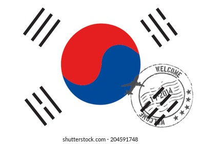 Grunge welcome rubber stamp with date on the flag of South Korea