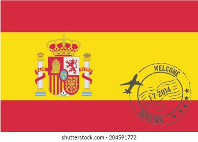 Grunge welcome rubber stamp with date on the flag of Spain