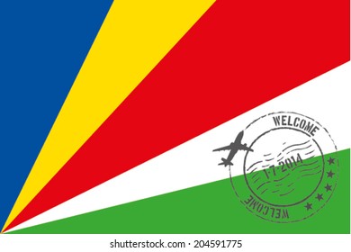 Grunge welcome rubber stamp with date on the flag of Seychelles