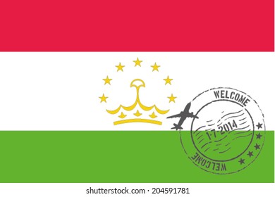 Grunge welcome rubber stamp with date on the flag of Tajikistan
