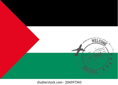 Grunge welcome rubber stamp with date on the flag of Palestine