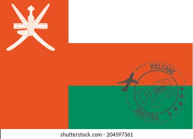 Grunge welcome rubber stamp with date on the flag of Oman