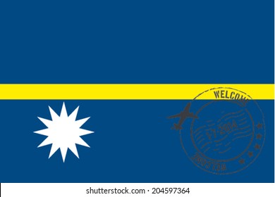 Grunge welcome rubber stamp with date on the flag of Nauru