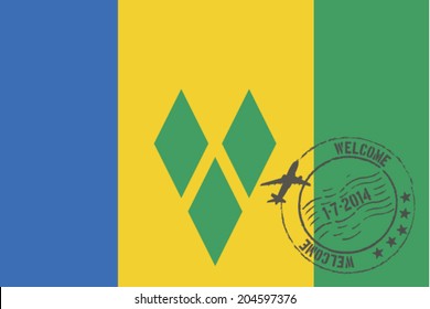 Grunge welcome rubber stamp with date on the flag of Saint Vincent and the Grenadines