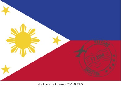 Grunge welcome rubber stamp with date on the flag of Philippines